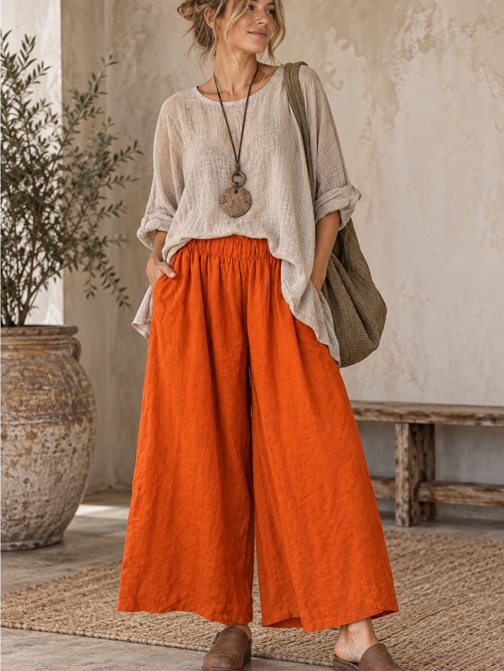 Bryn Walker Orange 100% Textured Linen Wide Leg Elastic Waist Pull On Pants Sz M